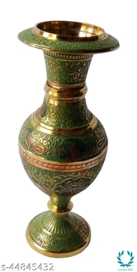 MOZO HUB Hand Crafted Green color Kashmiri Glass pattern Brass Flower Vase 17 CM